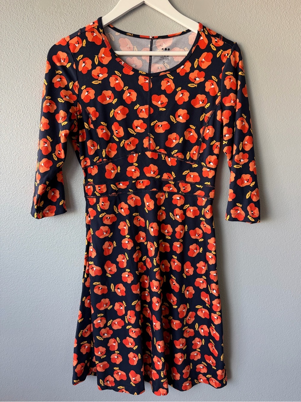 Title Nine navy orange poppy buttah Dream 3/4 sleeve dress Women’s sz S